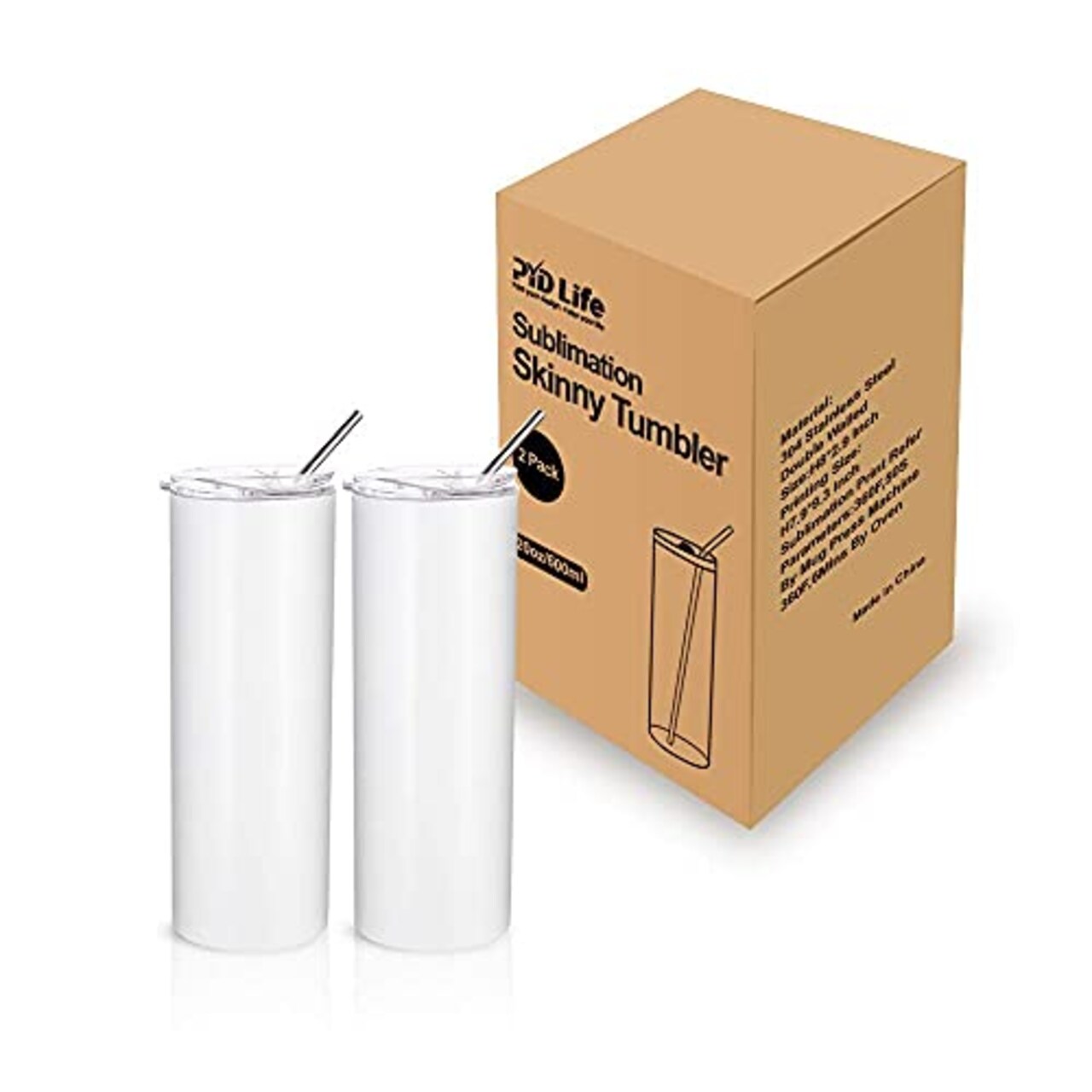 2 Pieces Sublimation Blanks Skinny Tumbler White 20 OZ Straight Double Wall Stainless Steel Tumbler with Metal Straw Tumbler Cups for Tumbler Heat Press Machine Heat Transfer